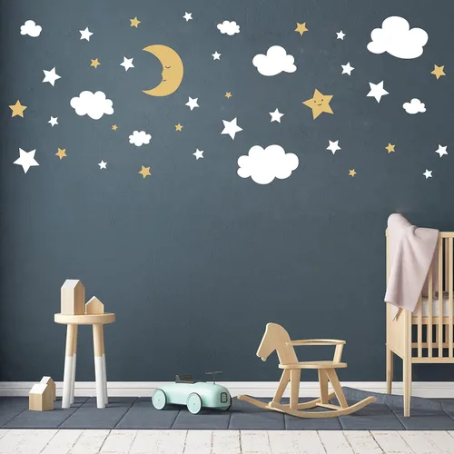 Vista 8 de Calcomanías de pared de luna creciente, estrellas y nubes, calcomanías de pared de luna y estrellas, cielo estrellado, decoración de sala