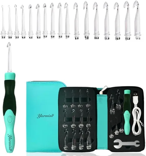 Juego de ganchos para crochet iluminados Yarniss de 2,5 mm a 14,0 mm, 17 tamaños de ganchos para crochet con funda