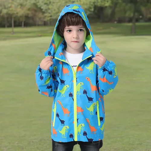 Vista 7 de Chaqueta impermeable con capucha para niños y niñas, chubasqueros para exteriores, rompevientos y dinosaurios, chaqueta de lluvia