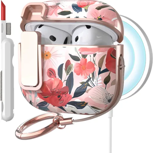 Vista 28 de TATOFY Funda rígida para AirPods 1 y 2, elegante y bonitos patrones de flores, funda protectora rígida con llavero de clip