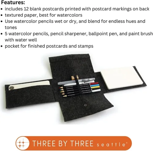 Vista 2 de Three by Three Seattle jOTBLOCK - Juego de lápices de acuarela de viaje: crea postales artísticas, 12 postales en blanco, 5 lápices de acuarela