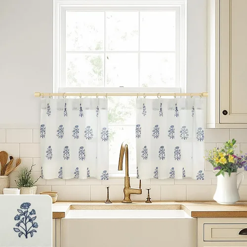 Lino Rosa Cortinas de cocina de color azul marino, estampado floral, blanco costero, casa de campo, francés, granjero, milenario, diseño de flores