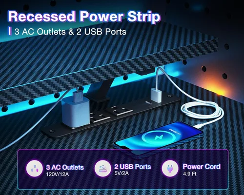 Vista 4 de ODK Escritorio reversible para juegos de 55 pulgadas con puerto de carga USB y luces LED, escritorio para computadora con estantes de almacenamiento