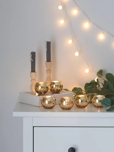 Vista 3 de 12 portavelas votivas doradas, candelabros redondos dorados para centro de mesa de boda, candelabros votivos de vidrio de mercurio dorado