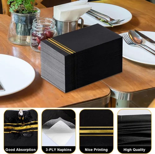 Vista 3 de 200 Servilletas de Papel con Ribete Dorado Negras Elegantes Servilletas de Cena, Servilletas de Invitados de 3 Capas con Papel Dorado Desechables