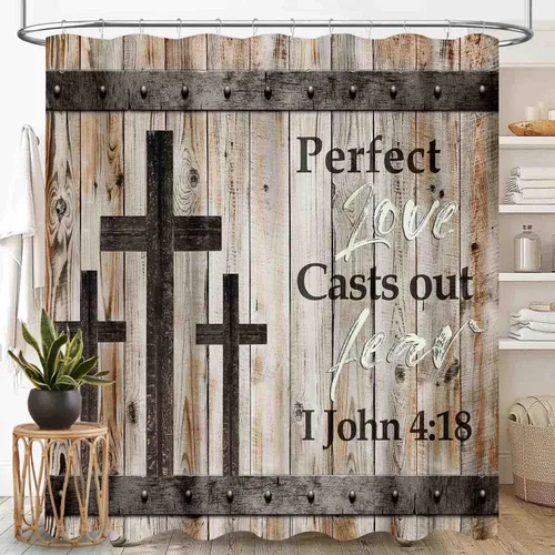 Cortina de ducha de madera rústica para baño, tablero de madera marrón rústica, versículo de la Biblia, casa de campo traviesa, granero occidental,