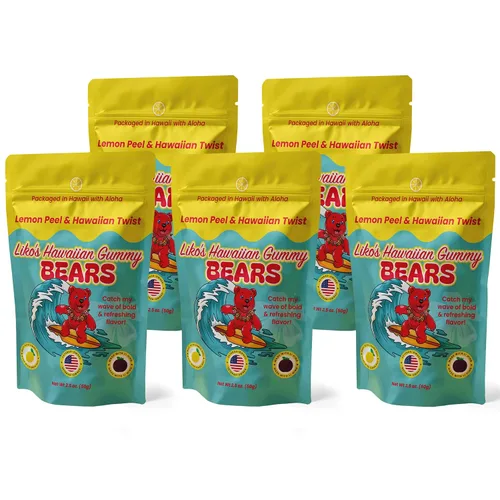 Ositos de goma hawaianos con Li Hing y cáscara de limón, dulces dulces, ácidos y salados de Hawái, sin gluten, bolsas de 2.5 onzas, paquete de 5