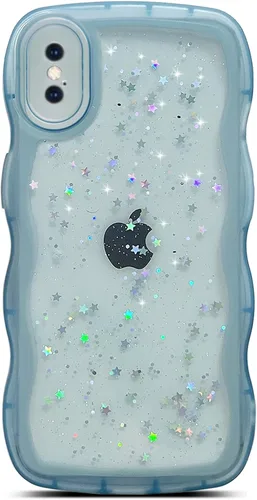 Vista 59 de Qokey para iPhone 14 Plus Funda de 6.7" con diseño de borde ondulado rizado, transparente, con purpurina, brillo, estrellas, brillante, lindo