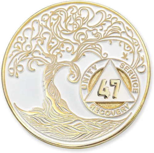 Vista 43 de 1 año Sobriety Mint Twisted Tree of Life Medallón de recuperación AA chapado en oro, chip/ficha - negro