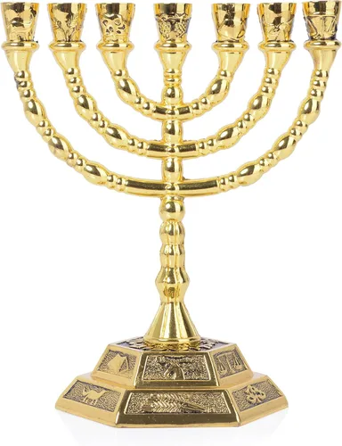 Menorá 12 Tribus de Israel, soporte de velas judío, templo de Jerusalén, 7 ramas (12.7 cm, dorado)