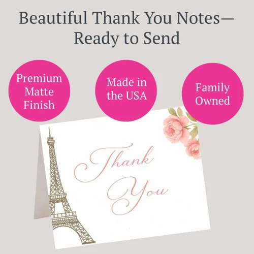 Vista 2 de Merci Thank You Cards - Notas de la Torre Eiffel, notas temáticas francesas con sobres (24 unidades)