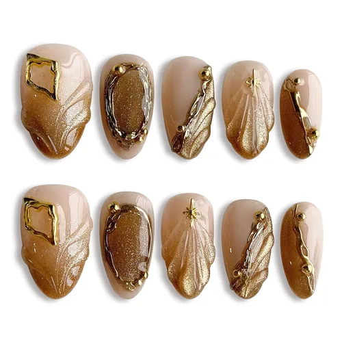 Vista 23 de Uñas postizas medianas a presión de almendra, con lazo 3D, perlas y diamantes de imitación, diseños de flores, uñas adhesivas, uñas acrílicas