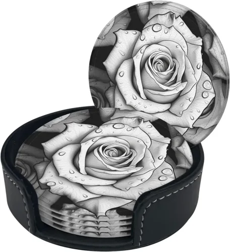 Vista 2 de Black White Rose Print 6 Pcs Round Coasters Leather Waterproof Drink Coasters Mugs Mat Pad with Holder for Living Room Kitchen Bar 3.9 Inch