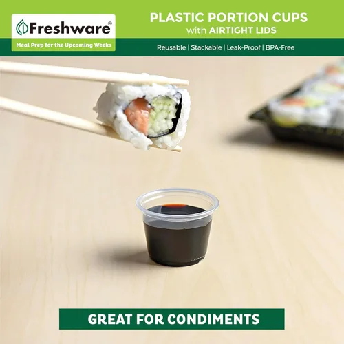 Vista 4 de Freshware Vasos de Plástico para Porciones con Tapas [1 Onza, 100 Juegos] Vasos de Plástico Desechables para Preparación de Comidas, Aderezo