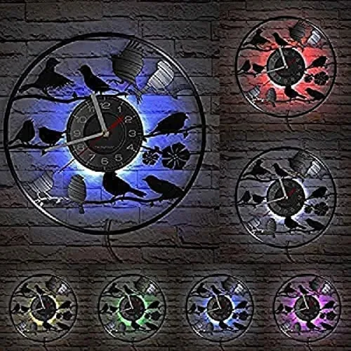 Vista 3 de Reloj de pared con silueta de pájaros, reloj de pared de animales, disco de vinilo tallado a mano, decoración del hogar, diseño moderno, reloj