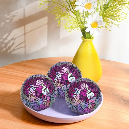 Vista 6 de Juego de 6 bolas decorativas, 6 cm / 2.4 pulgadas, bolas de mosaico de cristal rojo brillante para decorar cuencos, jarrones, mesas, bodas, fiestas