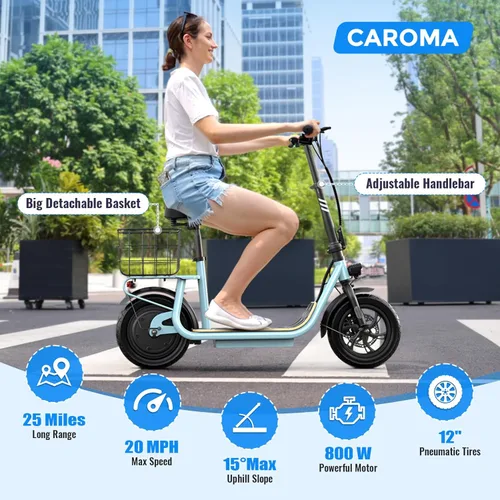 Vista 38 de Caroma Electric Scooter with Seat, Max 30 Miles Range&20MPH Speed, Peak 800/1200W Motor, Foldable Electric Scooter for Adults and Teens, Commuter E