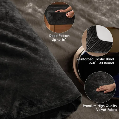 Vista 5 de PHF Sábana bajera ajustable de terciopelo tamaño individual, sábana bajera de lujo, súper suave, acogedora y cómoda, con bolsillo profundo de 15