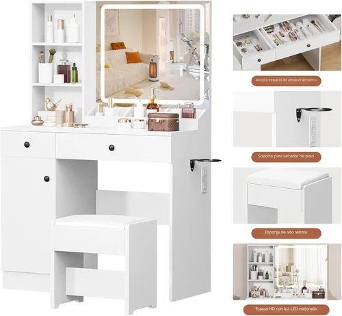 Vista 5 de YIKEHOME Mesa de tocador blanca con cajón, escritorio de maquillaje para mujer con estación de carga, escritorio de tocador con espejo de 3 luces