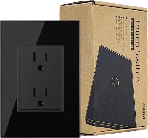 LIVOLO Receptáculo dúplex negro 15A Enchufe eléctrico decorativo estándar de pared con panel de vidrio templado, CA 110 ~ 220 V, Powerpoints de