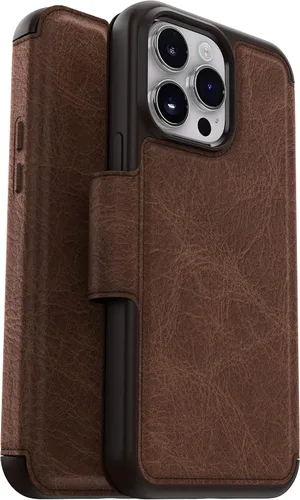 Vista 6 de OtterBox Funda para iPhone 14 Pro Max (solamente) Strada Series - SHADOW (negro), tarjetero, cuero genuino, fácil de guardar en el bolsillo