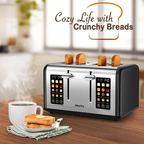 Vista 7 de Mecity Tostadora de 4 rebanadas con control de pantalla táctil, 4 ranuras anchas, tostadora de pan inteligente de acero inoxidable para bagels