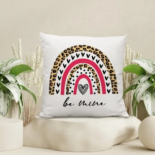 Vista 4 de Funda de cojín con texto en inglés «Be Mine» para el día de San Valentín, diseño de leopardo, a cuadros, arco iris, con contorno