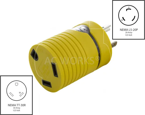 Vista 2 de AC WORKS Generador a adaptador RV de 30 amperios (L5-20 20A 3 clavijas de bloqueo compacto) Amarillo