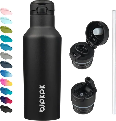 Vista 9 de BJPKPK Botella de agua aislada con pajilla, botellas de agua de acero inoxidable de 25 onzas con 2 tapas y asa de transporte, botella térmica