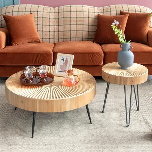 Vista 3 de LONYKE Juego de mesa de centro estilo granja de 2 piezas, redonda con patrón radial de madera artesanal, juego de mesa de café moderna para sala