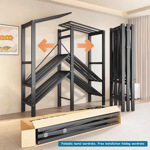 Vista 5 de Perchero de ropa resistente cubierto con puerta magnética de 1500LBS, armario portátil plegable para colgar ropa, perchero enrollable de metal negro