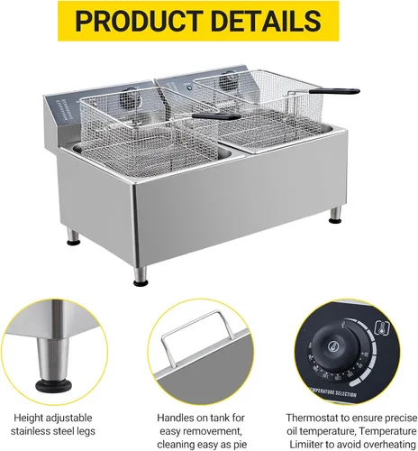 Vista 5 de Freidoras comerciales de 11 litros x 2 freidora eléctrica grande de doble tanque para encimera para restaurante con 2 cestas de freír y tapas, 1700