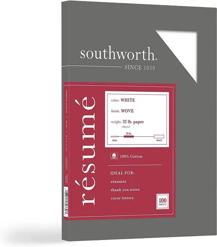Southworth® Papel Résumé 100% Algodón, 8 1/2" x 11", 32 lb, 100% Reciclado, Blanco, Paquete de 100