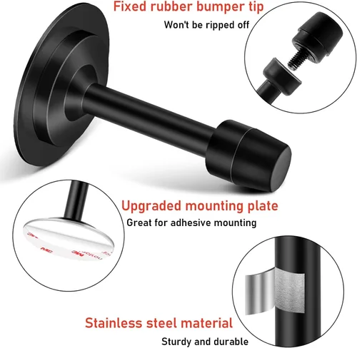 Vista 4 de Topes de puerta de 3.5 pulgadas, topes de puerta negros autoadhesivos para la parte inferior de la puerta, protector de pared sin taladrar