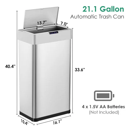 Vista 3 de Arlopu Cubo de basura automático, cubo de basura de acero inoxidable con sensor de movimiento, cubo de basura inteligente sin contacto, con tapa