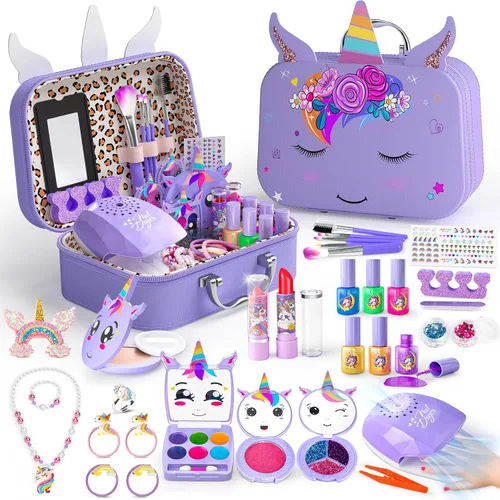 Kit de Maquillaje para Niñas - 2 en 1 Juguetes de Maquillaje Lavable para Niños y Kit de Arte de Uñas con Estuche Cosmético de Unicornio, Maquillaje