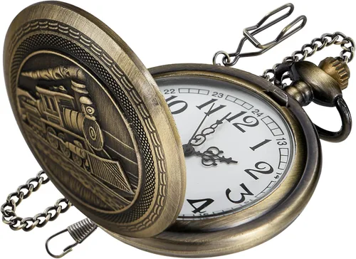 Locomotive Bronze Quartz Pocket Watch for Men,Arabic Numerals White Dial Pocket Watches for Men, Men's Quartz Pocket Watch with Chain