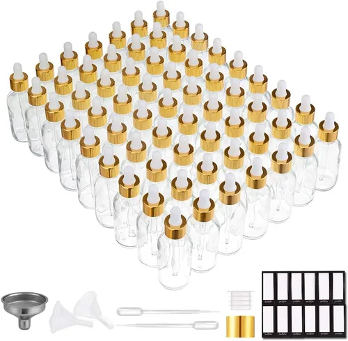Vista 19 de PrettyCare Botellas de cristal con cuentagotas de 2 onzas líquidas, 12 botellas transparentes vacías gruesas a granel con tapas doradas a prueba