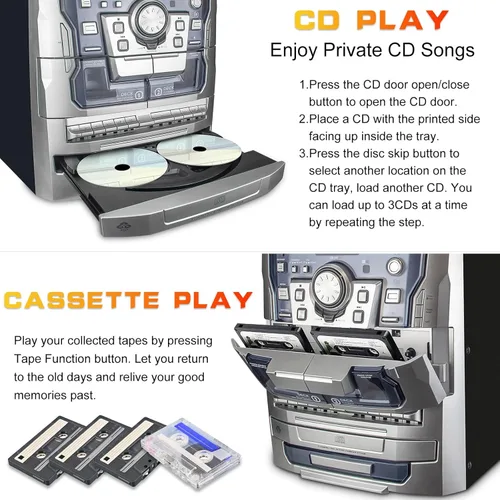 Vista 5 de Reproductor de Discos de Vinilo Estéreo Bluetooth, Sistema de Música Tocadiscos Estéreo de 3 Velocidades con Reproductor de CD, Platina de Cassette