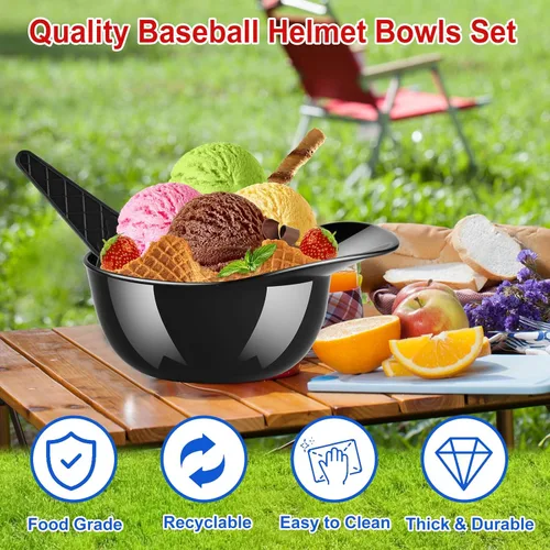 Vista 4 de MEEZY Juego de 16 cuencos de helado con diseño de casco de béisbol con 8 mini tazas de postre y 8 cucharas, 8 onzas. Cuencos reutilizables