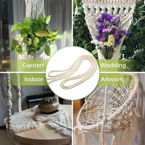 Vista 5 de 5 mm * 90 m Cuerda de macramé de algodón natural de 8 hebras trenzadas para manualidades, hilo para tejer para colgar en la pared y manualidades DIY
