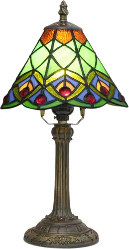 Lámpara de mesa pequeña Tiffany verde de vidrio teñido con cola de pavo real para dormitorio, estilo retro, decoración única, linda y divertida,