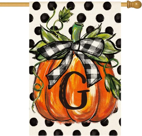 AVOIN colorlife Bandera de casa con monograma de otoño con letra G, diseño de lunares, calabaza, 28 x 40 pulgadas, doble cara exterior, pequeña