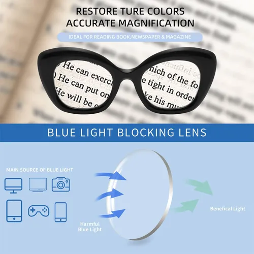 Vista 4 de Gafas de lectura de ojo de gato de gran tamaño para mujer, lentes de bloqueo de luz azul para computadora, estilo retro negro Negro + tortuga