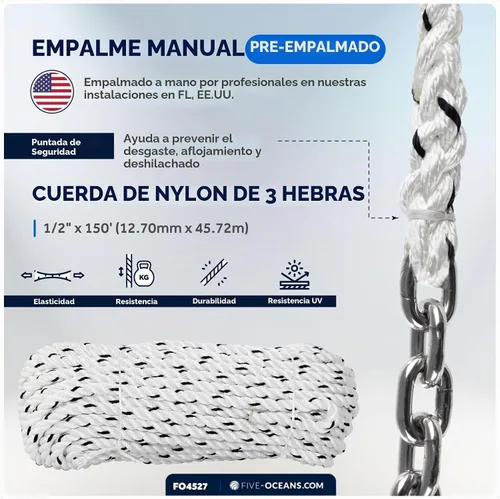Vista 5 de Five Oceans Windlass Anchor Rode y cadena, cuerda de anclaje empalmada a mano y kit de cadena, cuerda de nailon de 3 hebras, cadena de acero Cuerda