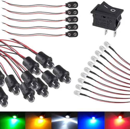25 bombillas LED de 12 V y 0.394 in, diodos emisores precableados con 10 soportes, clip de batería e interruptor para decoración del hogar (mezcla