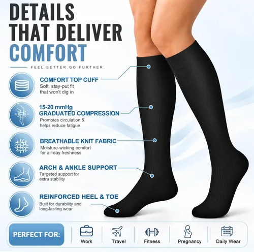 Vista 6 de Copper Compression Socks for Women & Men (6 pairs) - Best Support for Nurses, Running, Hiking, Recovery 01 Rayas Negras