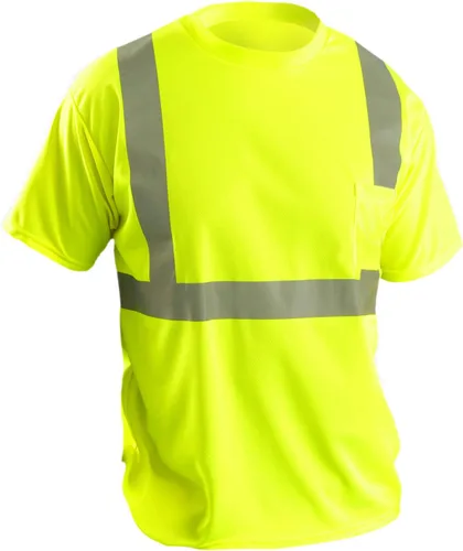 OccuNomix LUX-SSETP2B-YM Camiseta clásica estándar de manga corta con textura ojo de pájaro absorbente con bolsillo, clase 2, 100% poliéster ANSI