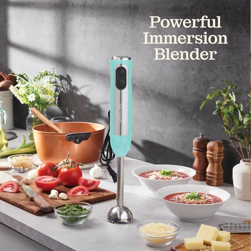 Vista 2 de Potente licuadora de inmersión, licuadora de mano eléctrica de 500 vatios con modo turbo, base desmontable. Licuadora de cocina manual con varilla