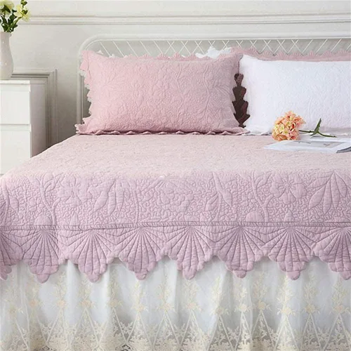 Vista 4 de HZH - Colcha bordada gruesa de 3 piezas, ropa de cama de color sólido, colchas de algodón acolchadas, fundas de cama tamaño Queen King, color rosa
